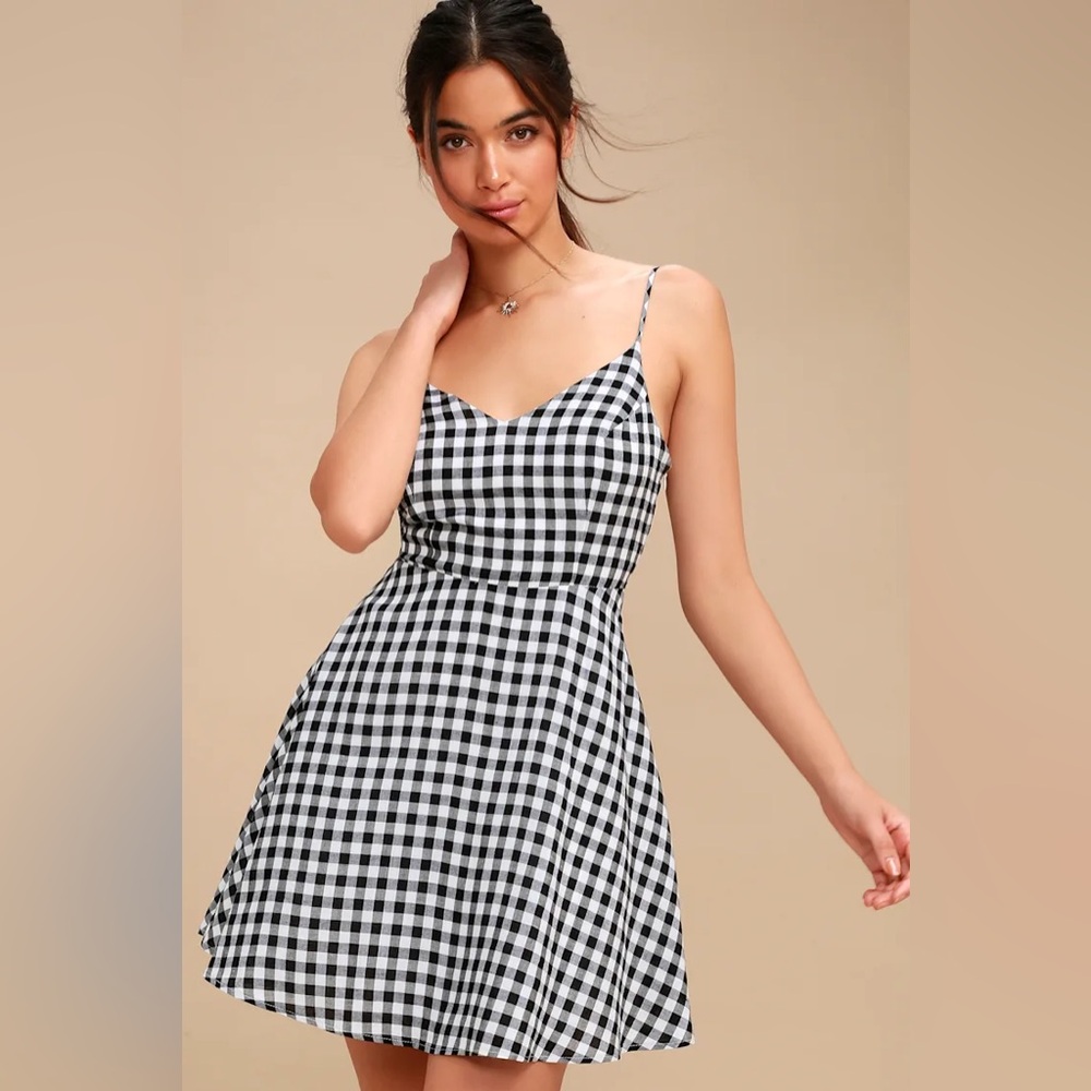 Lulus Plaid Romance Black and White Gingham Print Skater Dress